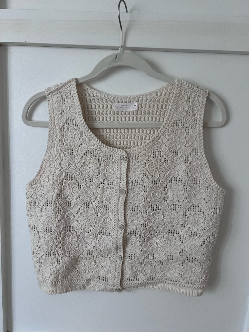 LC Lauren Conrad Cream Crochet Floral Button-Front Vest